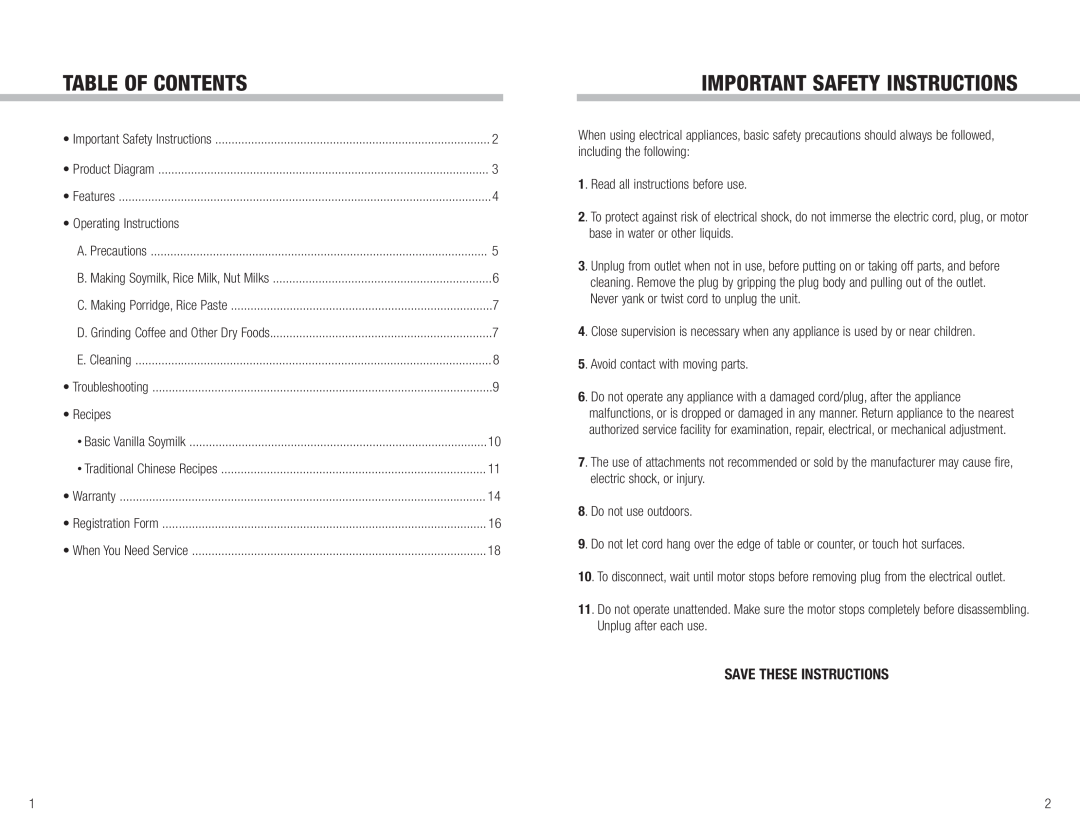 Tribest SB-130 manual Table Of Contents, Important Safety Instructions, Save These Instructions 