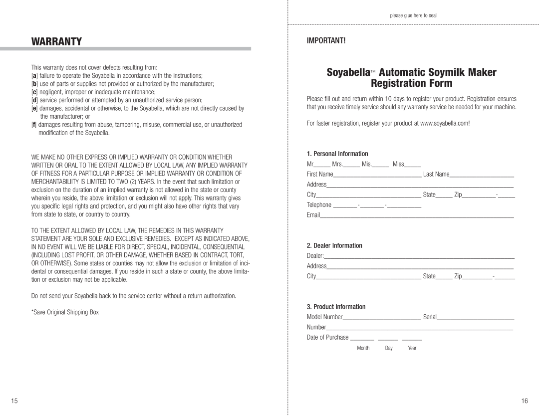 Tribest SB-130 manual Soyabella Automatic Soymilk Maker, Registration Form, Warranty 