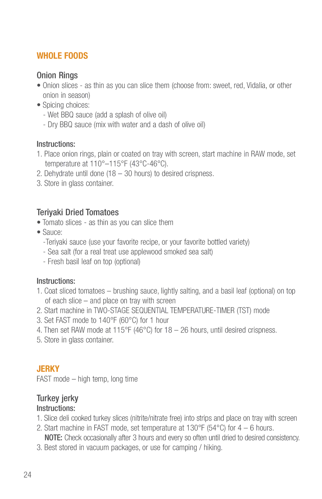 Tribest SD-P9000GP operation manual Onion Rings, Teriyaki Dried Tomatoes, Turkey jerky 