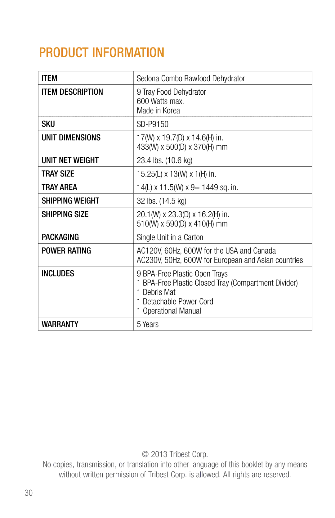 Tribest SD-P9000GP operation manual Product Information, Power Rating 