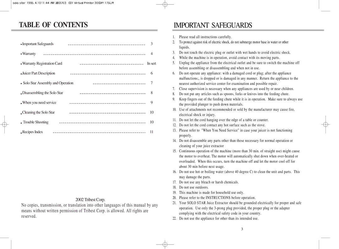 Tribest SS9002 manual Table of Contents 