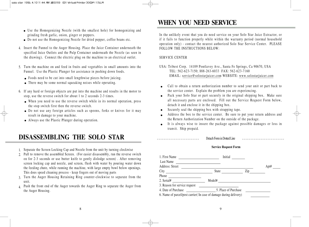 Tribest SS9002 manual Disassembling the Solo Star, When YOU Need Service 