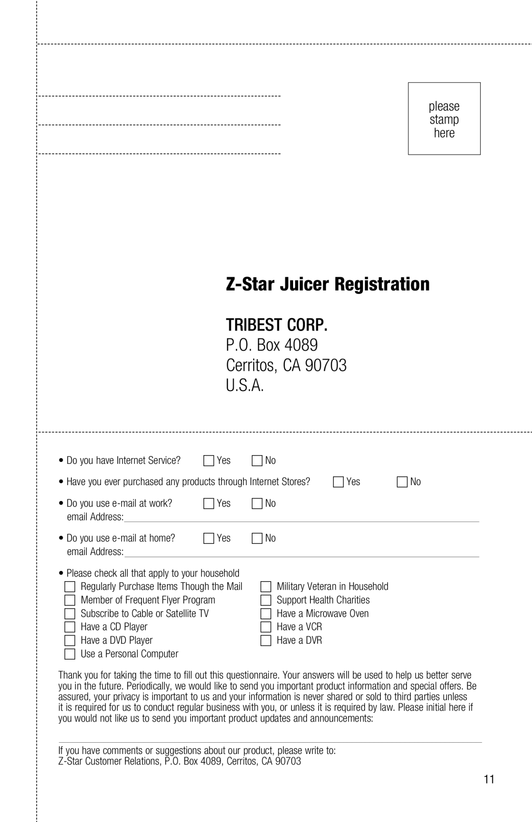 Tribest Z-610 instruction manual Star Juicer Registration 