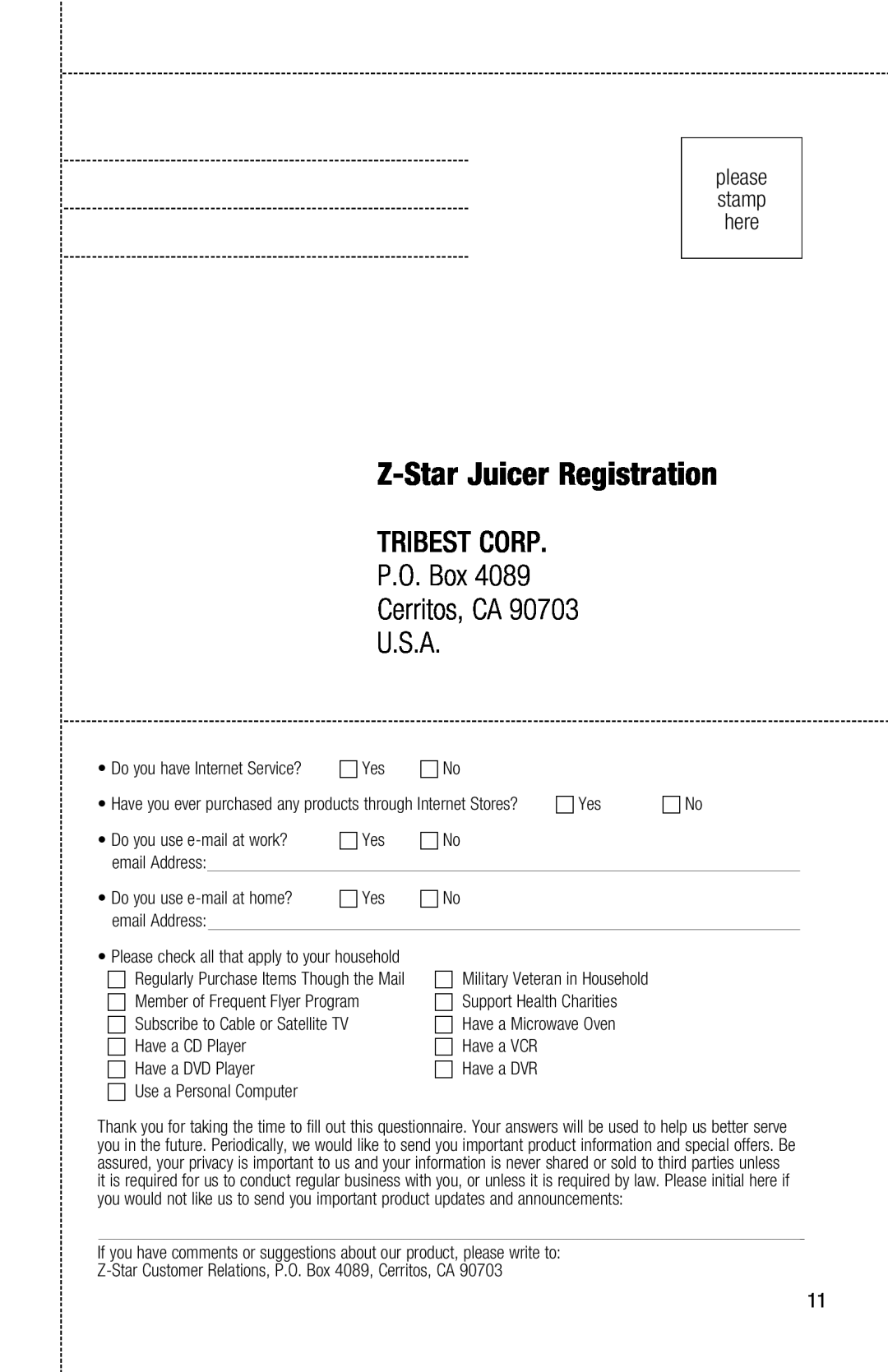 Tribest Z-610 instruction manual Z-StarJuicer Registration, Tribest Corp P.O. Box Cerritos, CA U.S.A, c No 