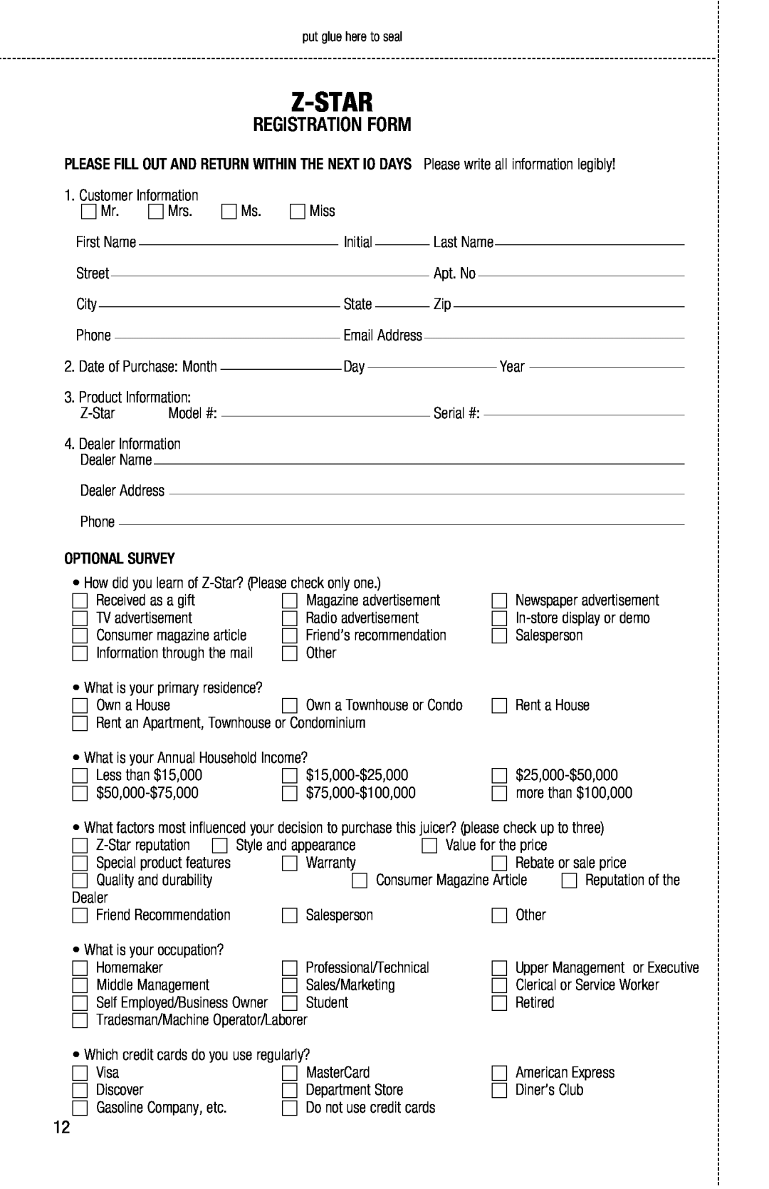 Tribest Z-610 instruction manual Z-Star, Registration Form 