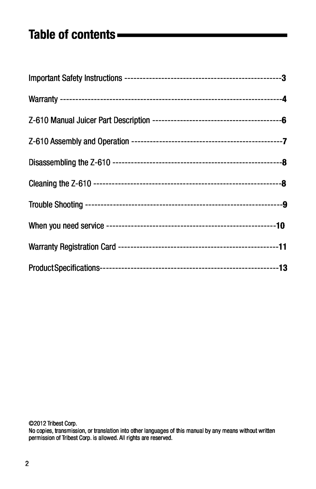 Tribest Z-610 instruction manual Table of contents 