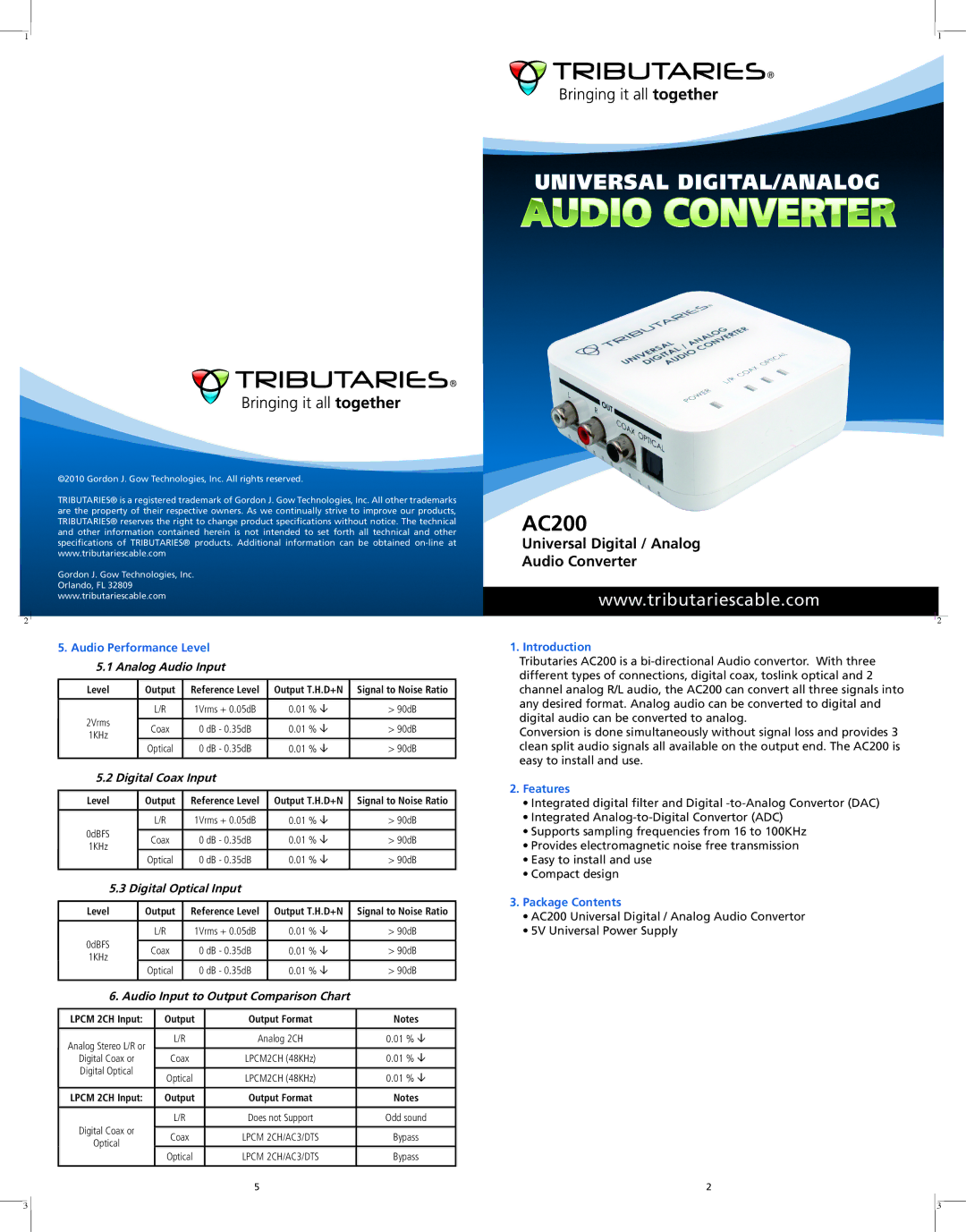 Tributaries AC200 specifications Analog Audio Input, Digital Coax Input, Digital Optical Input 