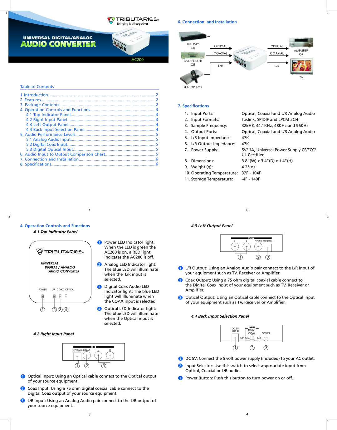 Tributaries AC200 specifications Top Indicator Panel, Right Input Panel, Left Output Panel, Back Input Selection Panel 