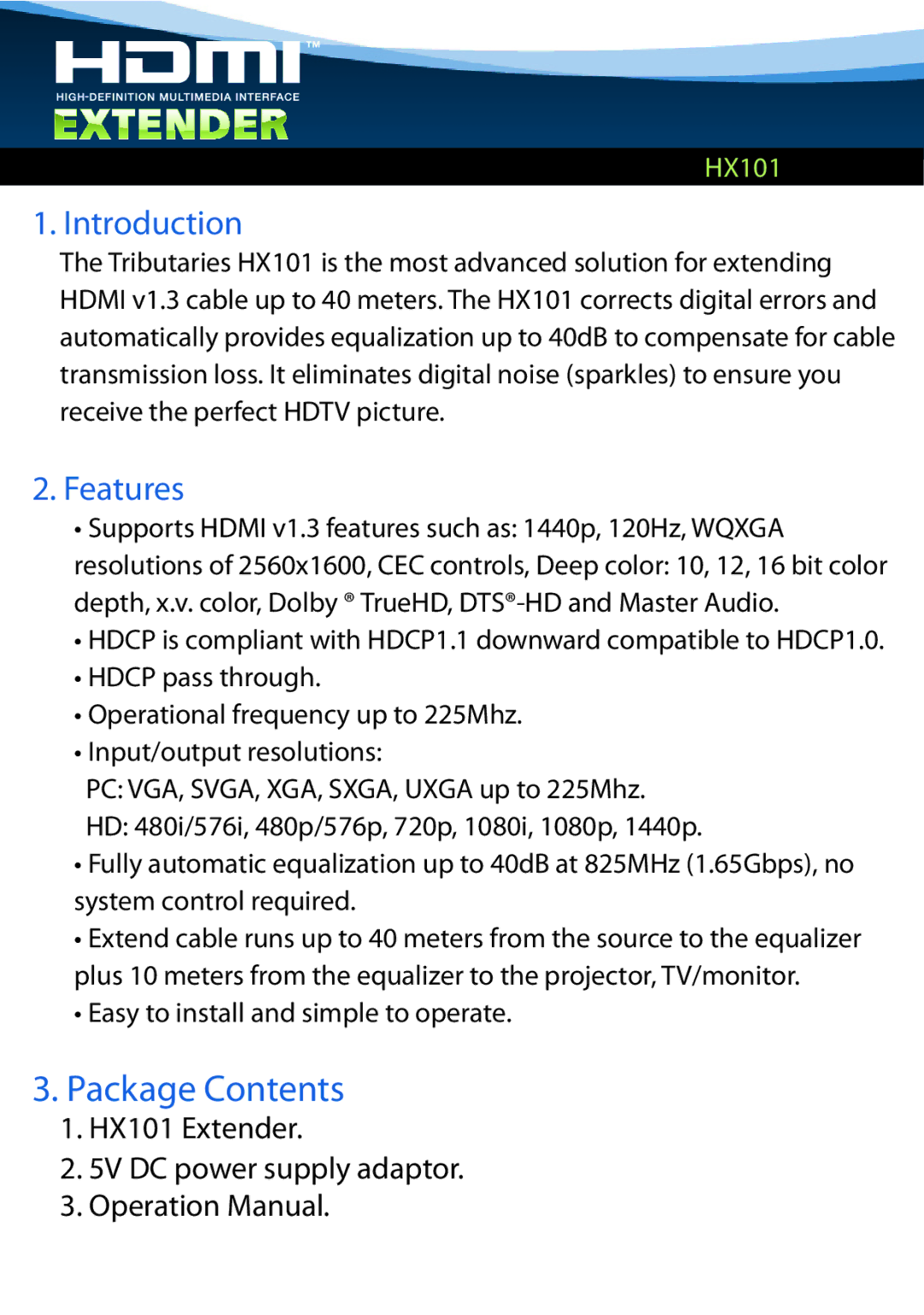 Tributaries HX101 manual Package Contents, Introduction 