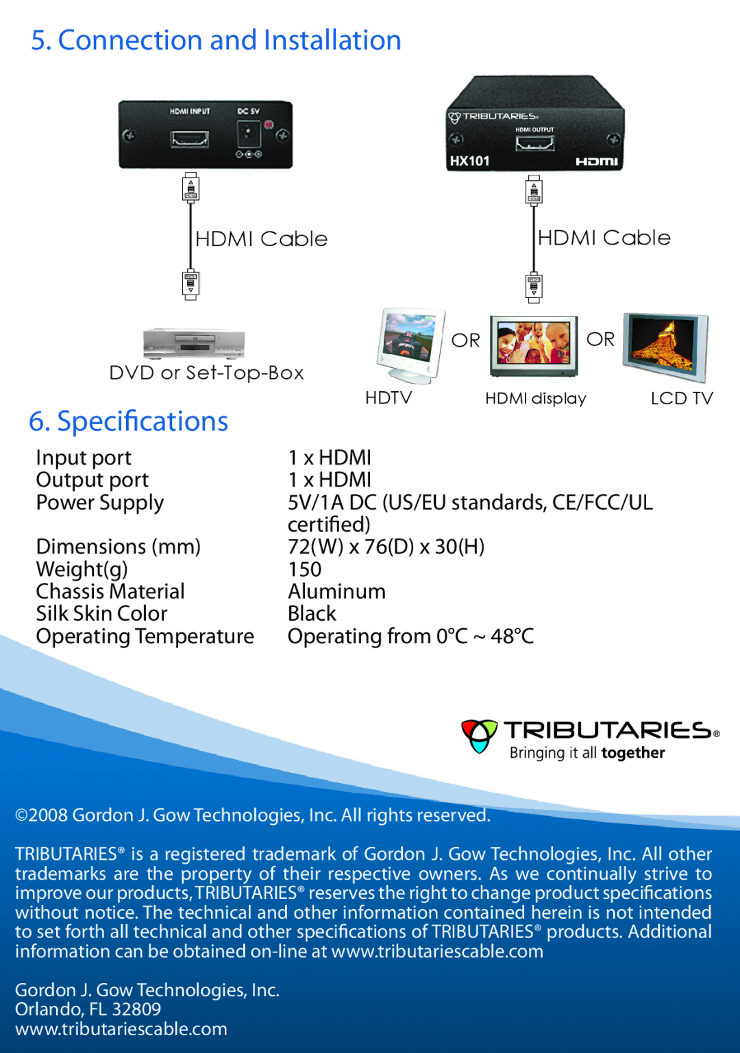 Tributaries HX101 manual Connection and Installation, Specifications 