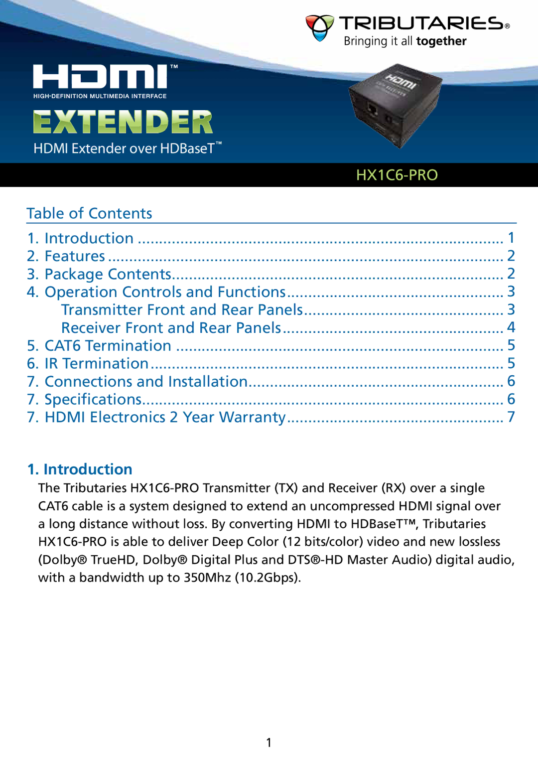 Tributaries HX1C6-PRO manual Table of Contents, Introduction 