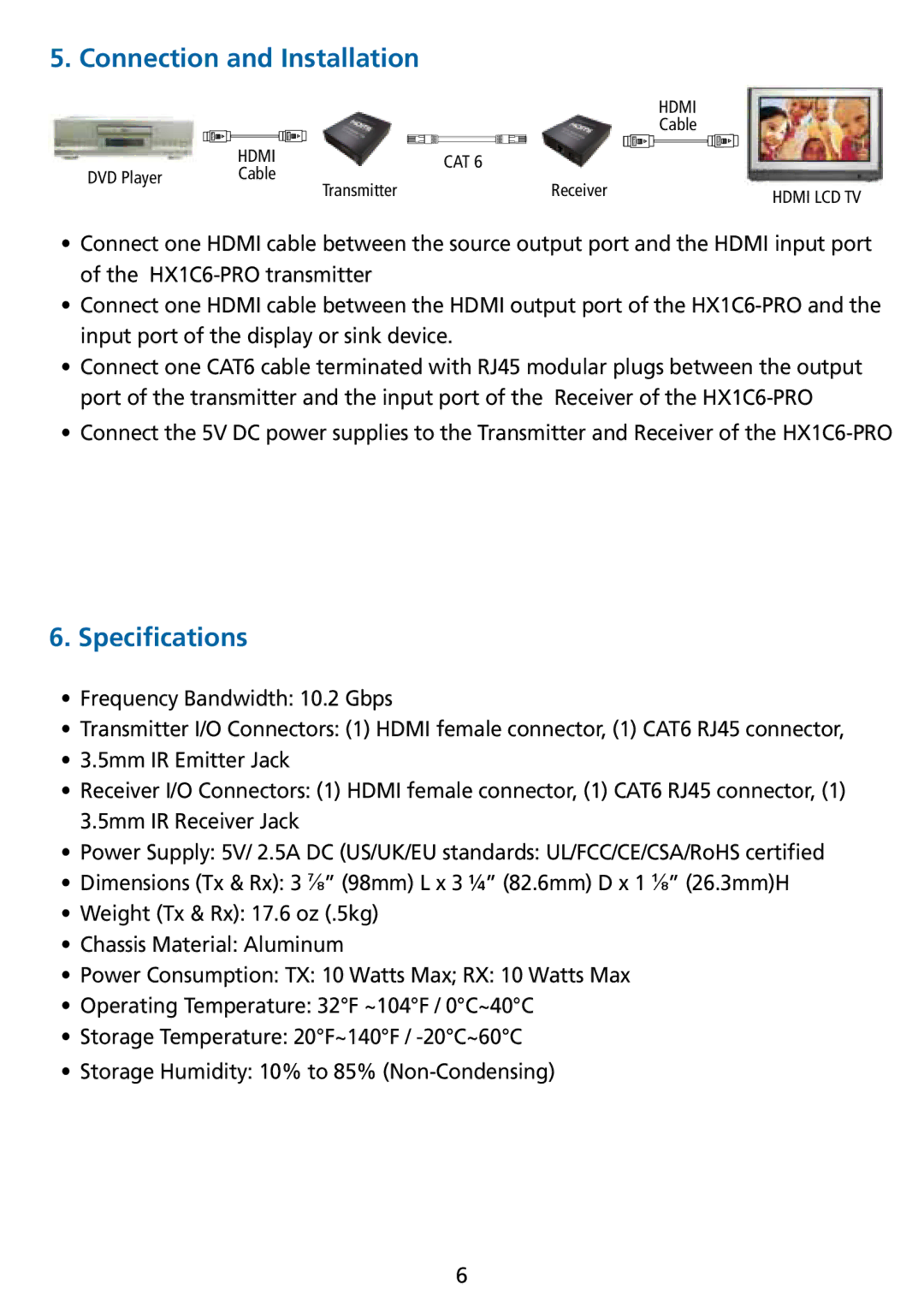 Tributaries HX1C6-PRO manual Connection and Installation, Specifications 