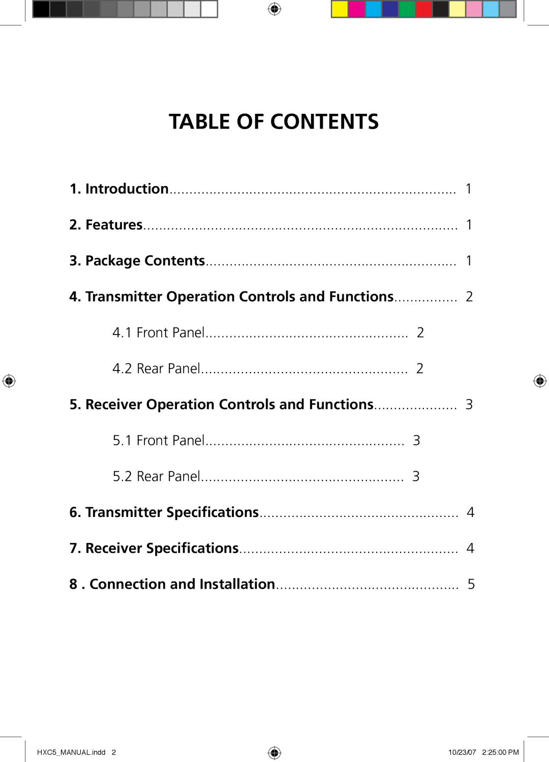 Tributaries HXC5 manual Table of Contents 