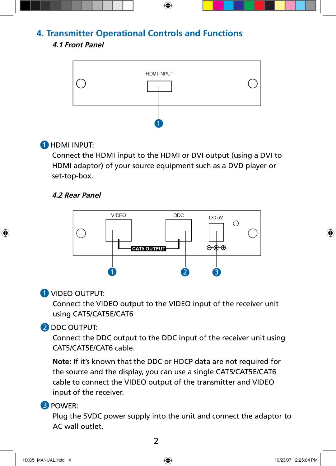 Tributaries HXC5 manual Transmitter Operational Controls and Functions, Hdmi Input, Video Output, DDC Output, Power 