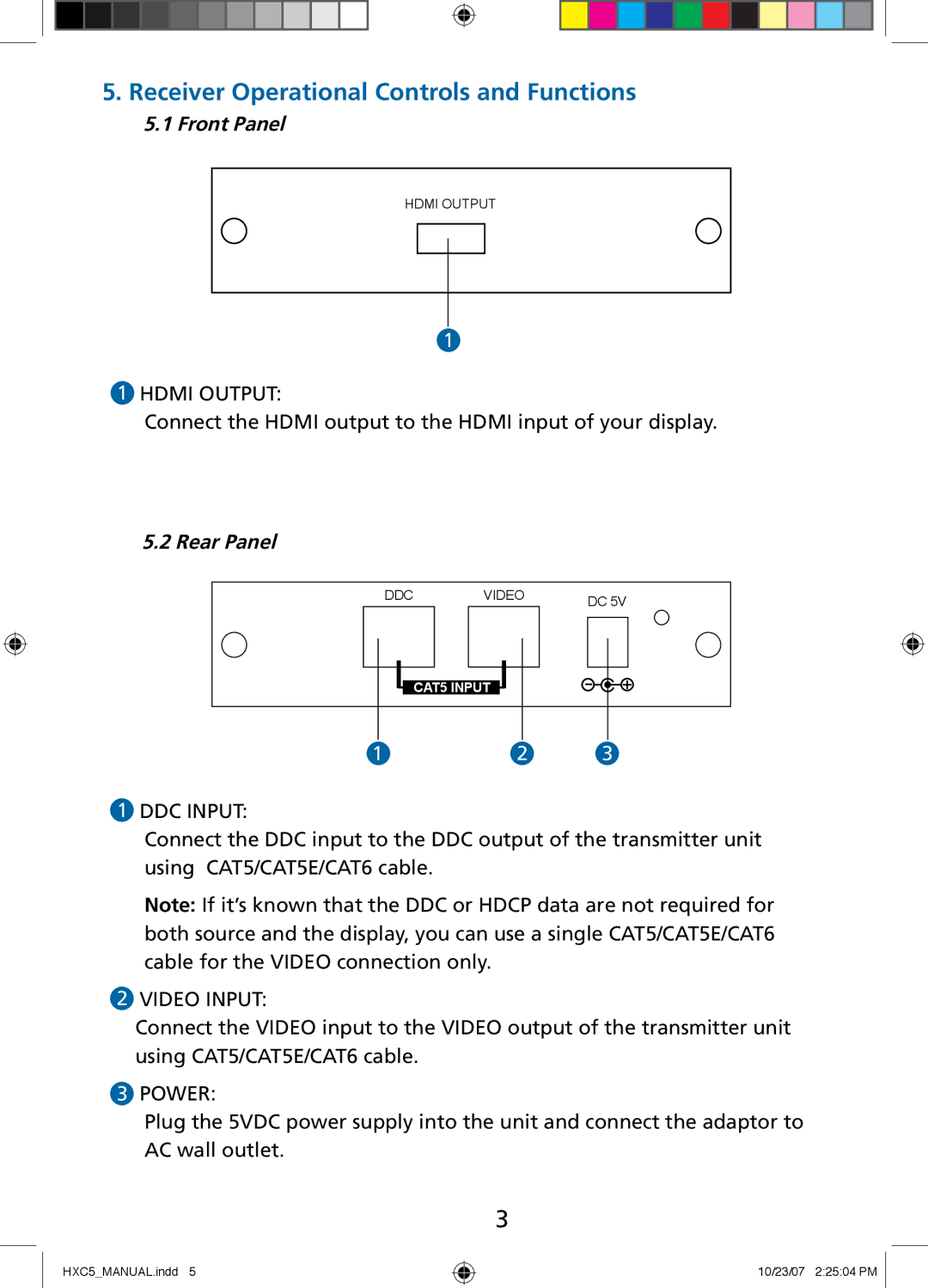 Tributaries HXC5 manual Receiver Operational Controls and Functions, Hdmi Output, DDC Input, Video Input 