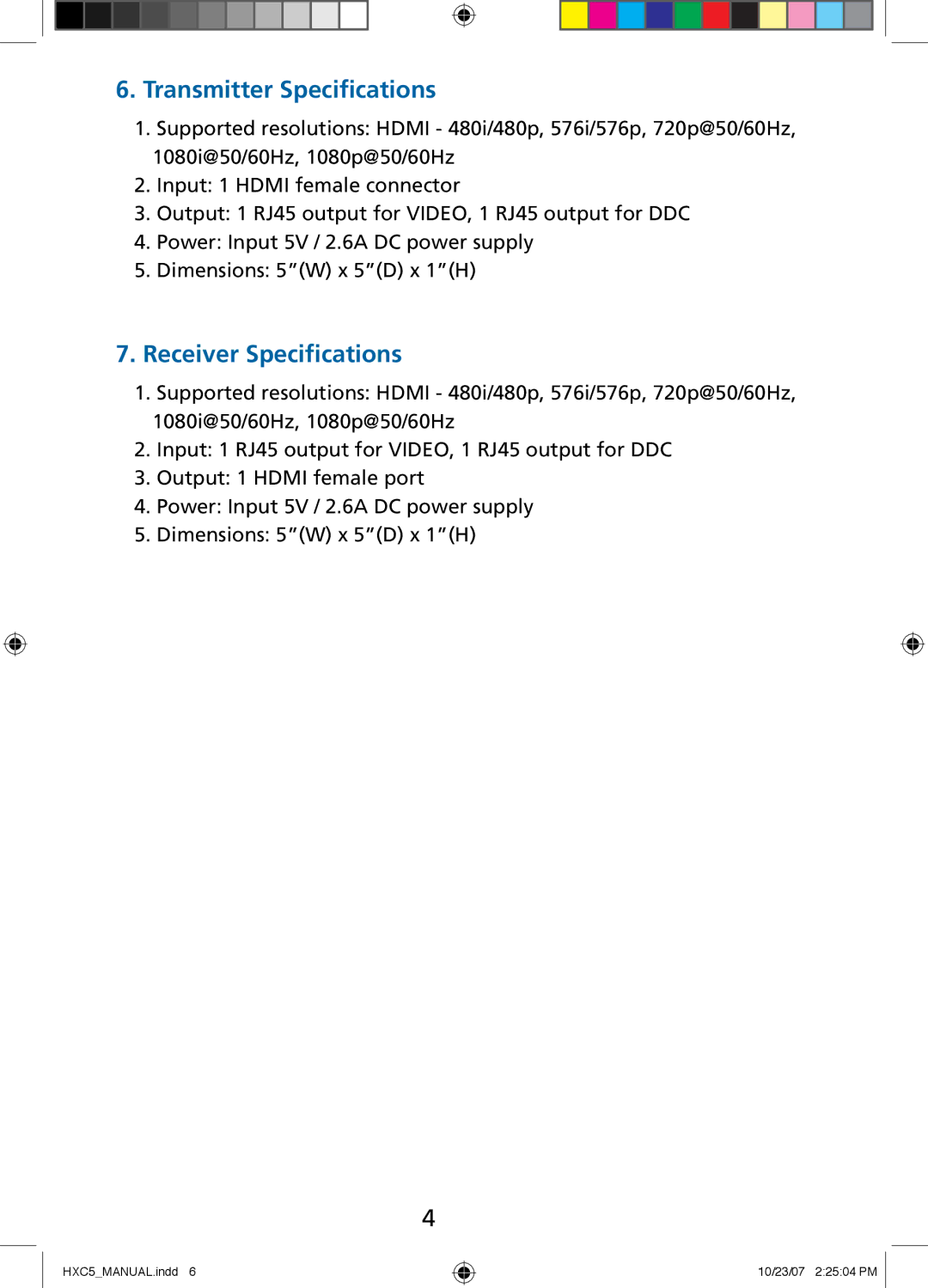 Tributaries HXC5 manual Transmitter Specifications, Receiver Specifications 