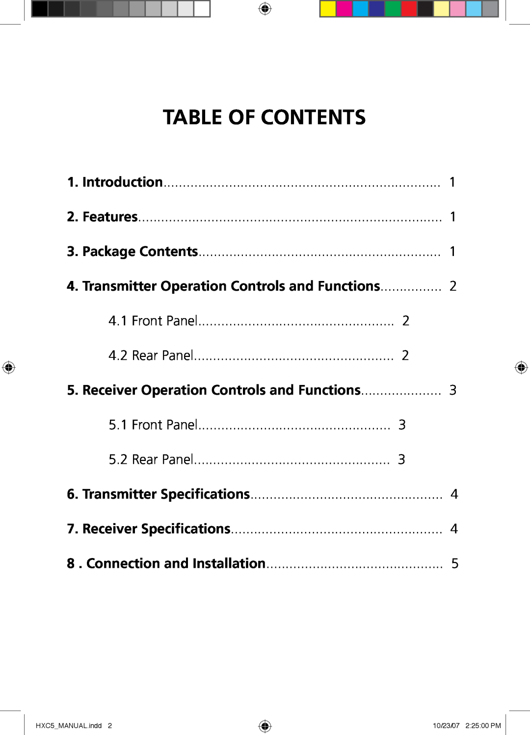 Tributaries HXC5 manual Table Of Contents, Front Panel, Rear Panel, Transmitter Operation Controls and Functions, Features 