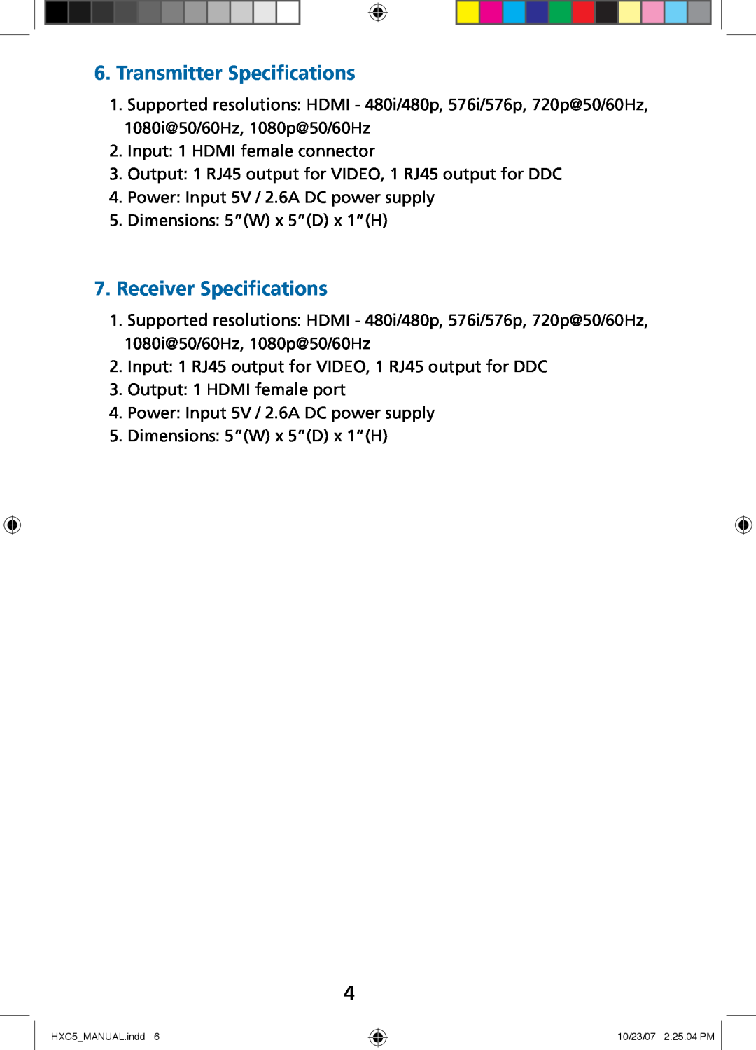 Tributaries HXC5 manual Transmitter Specifications, Receiver Specifications 