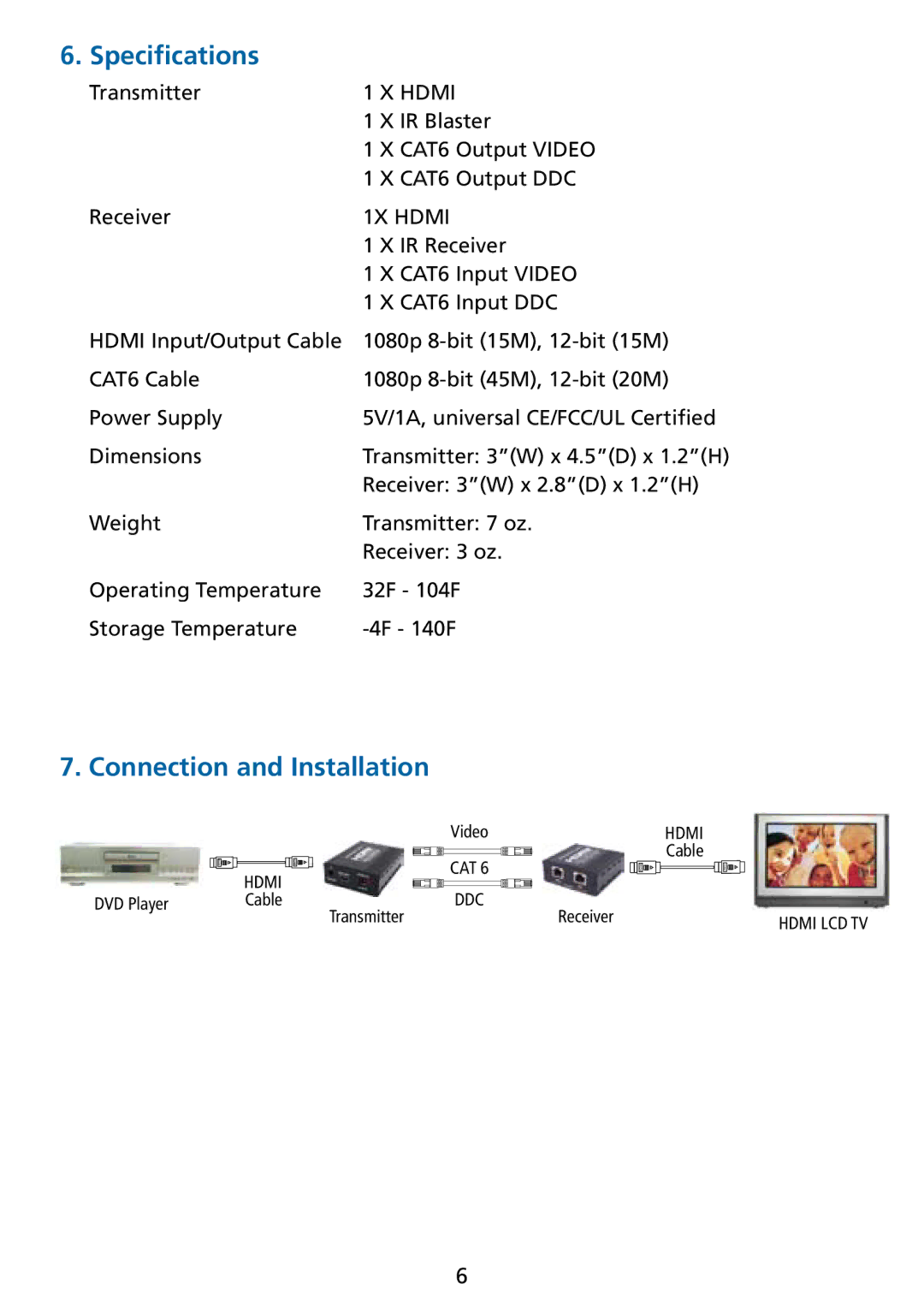 Tributaries HXC6IR manual Specifications, Connection and Installation 