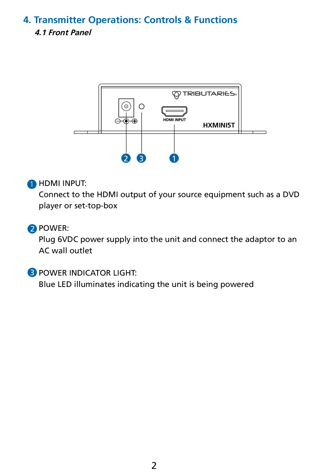 Tributaries HXMINI5 manual Transmitter Operations Controls & Functions, Front Panel, Hdmi Input, Power Indicator Light 