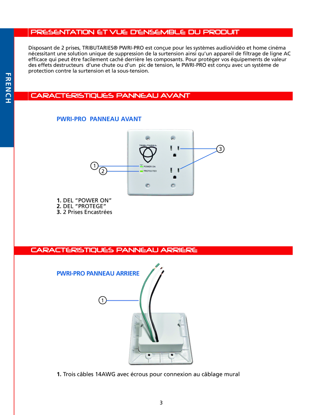 Tributaries PWRI-PRO owner manual Presentation ET VUE D’ENSEMBLE DU Produit French, Caracteristiques Panneau Avant 