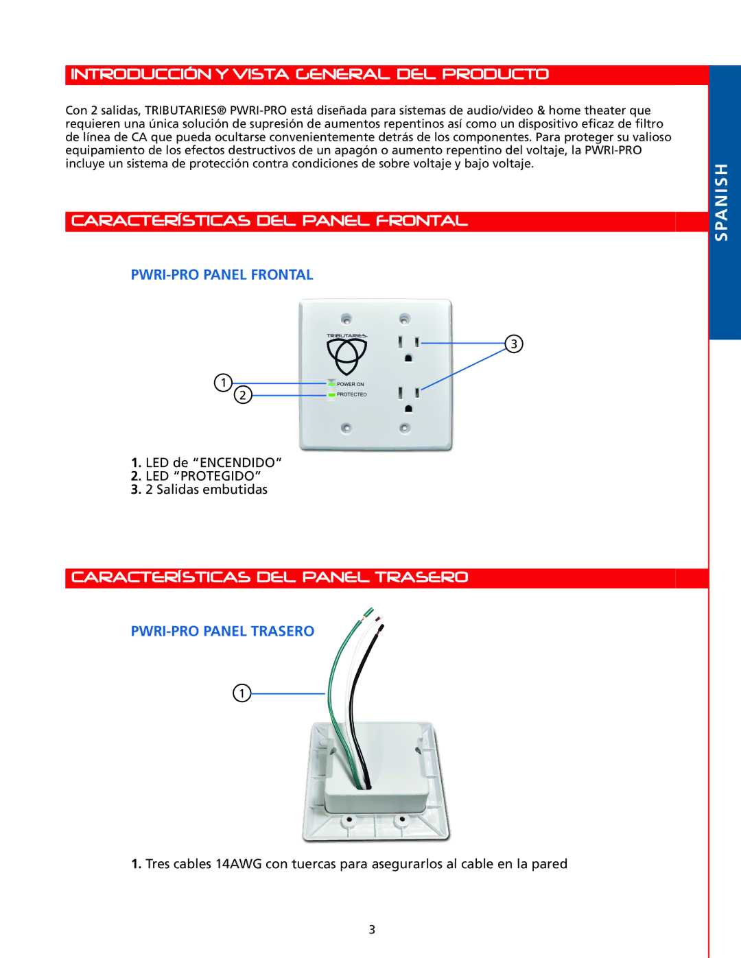 Tributaries PWRI-PRO owner manual Introducción Y Vista General DEL Producto, Características DEL Panel Frontal, Spanish 