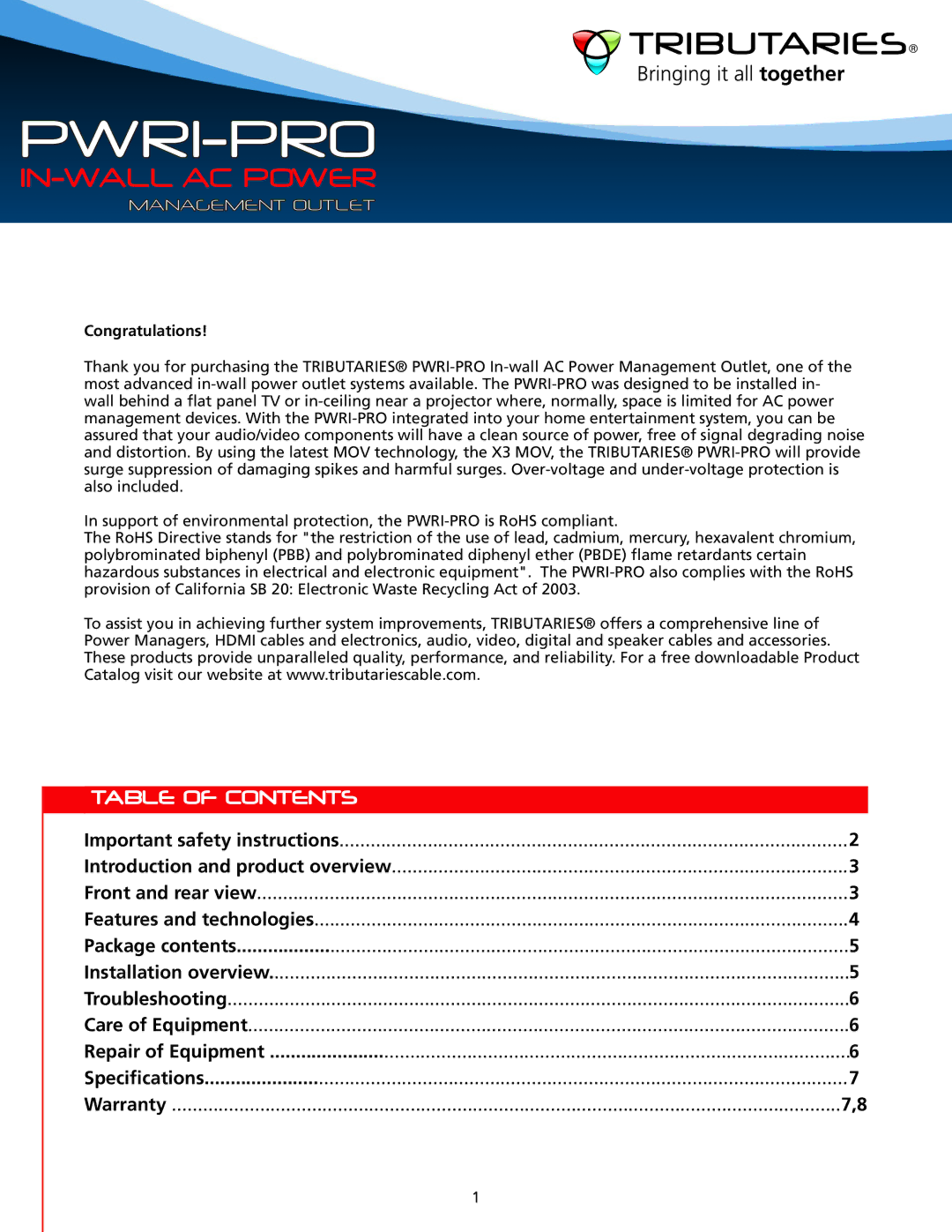 Tributaries PWRI-PRO owner manual Pwri -PRO, Table of Contents 