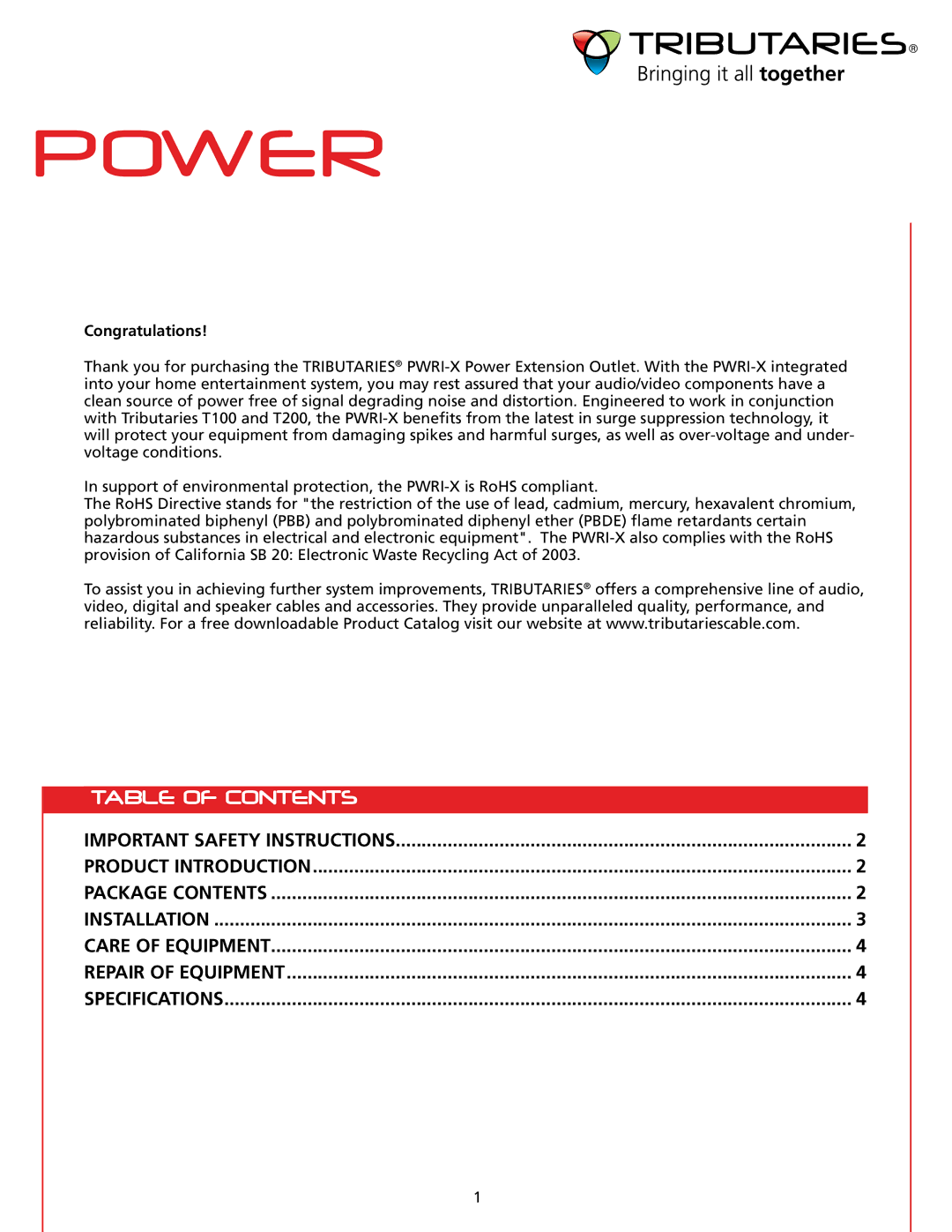 Tributaries PWRI-X, T100 owner manual Power, Table of Contents 