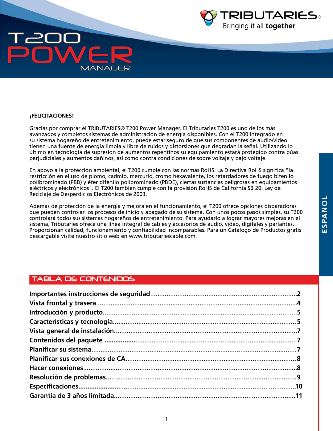 Tributaries T200 owner manual Tabla DE Contenidos, Espanol, ¡Felicitaciones 