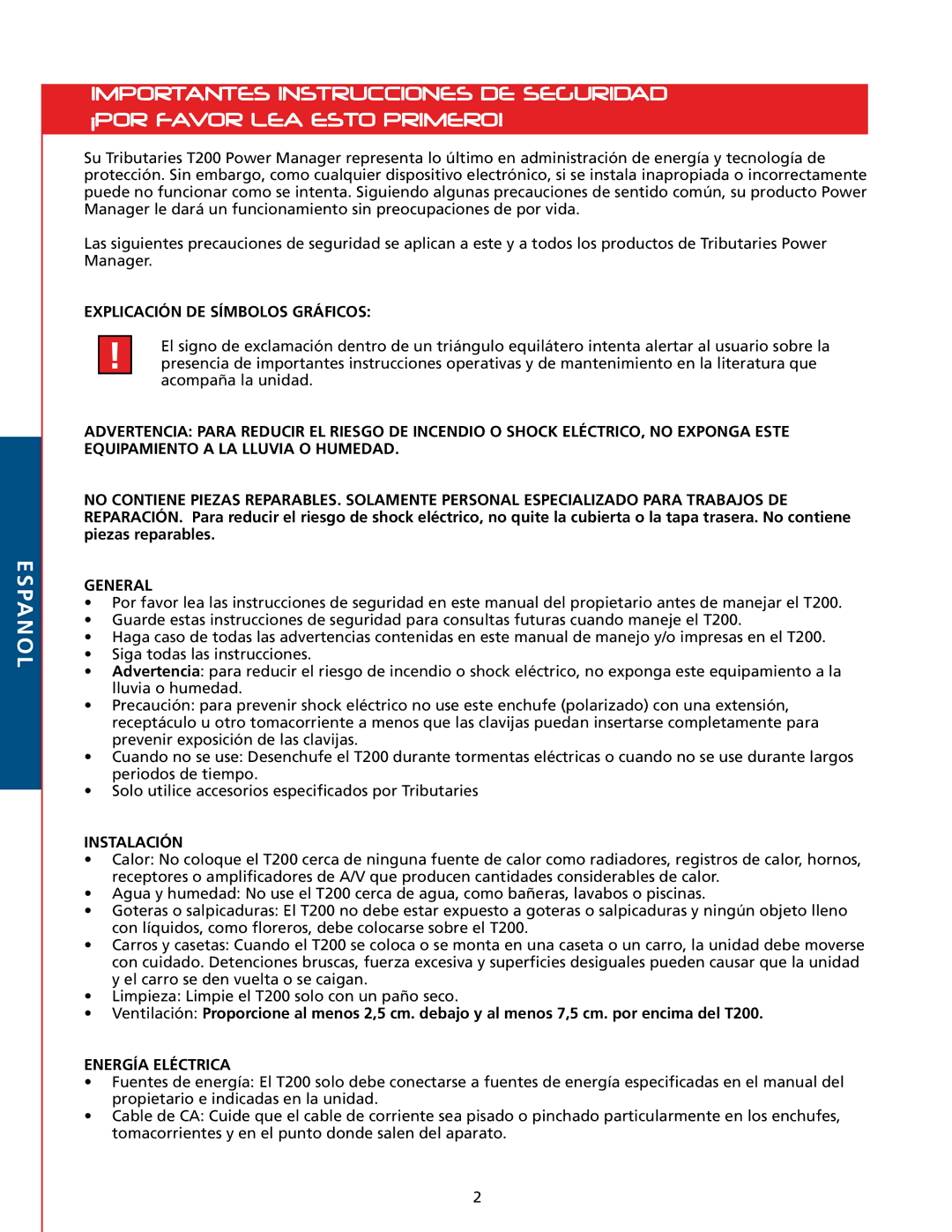 Tributaries T200 owner manual Explicación DE Símbolos Gráficos, Instalación, Energía Eléctrica 