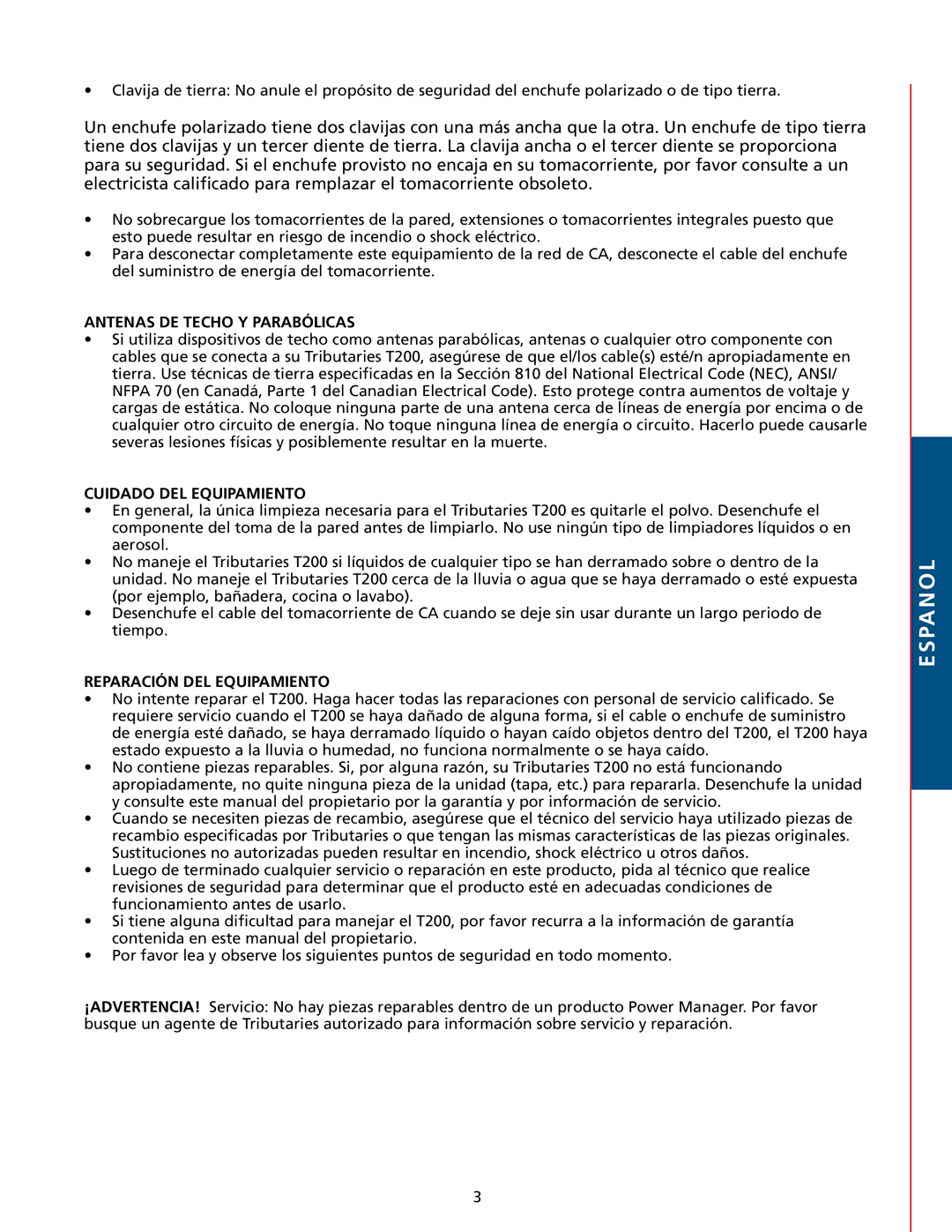 Tributaries T200 owner manual Antenas DE Techo Y Parabólicas, Cuidado DEL Equipamiento, Reparación DEL Equipamiento 