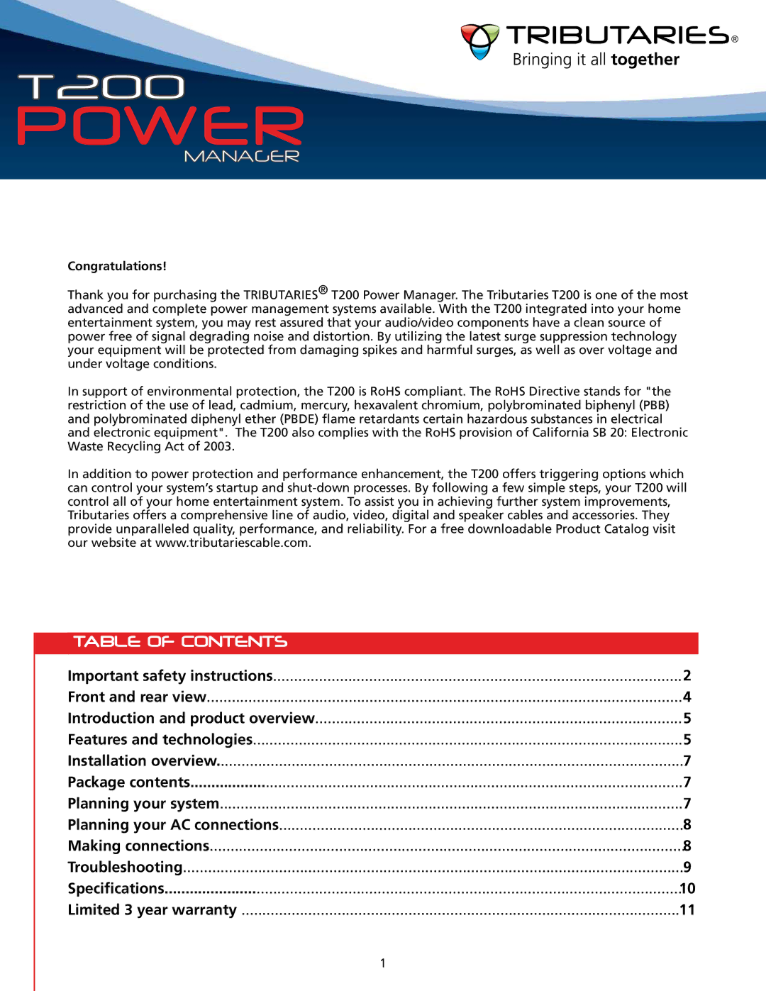 Tributaries T200 owner manual Table of Contents 