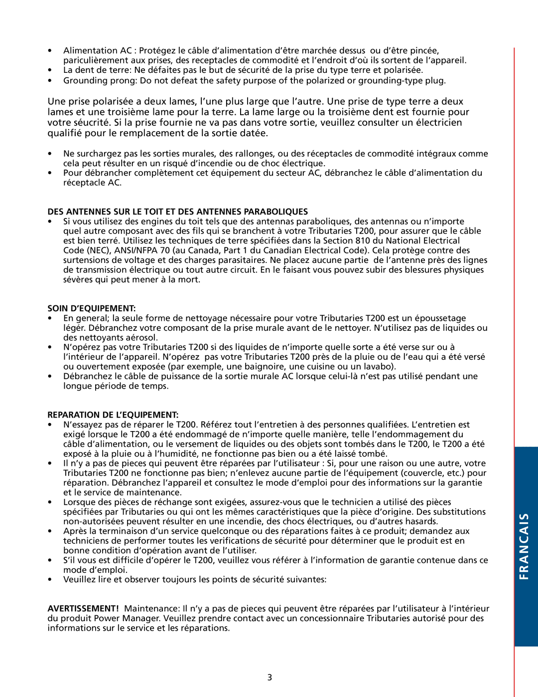 Tributaries T200 DES Antennes SUR LE Toit ET DES Antennes Paraboliques, Soin D’EQUIPEMENT, Reparation DE L’EQUIPEMENT 