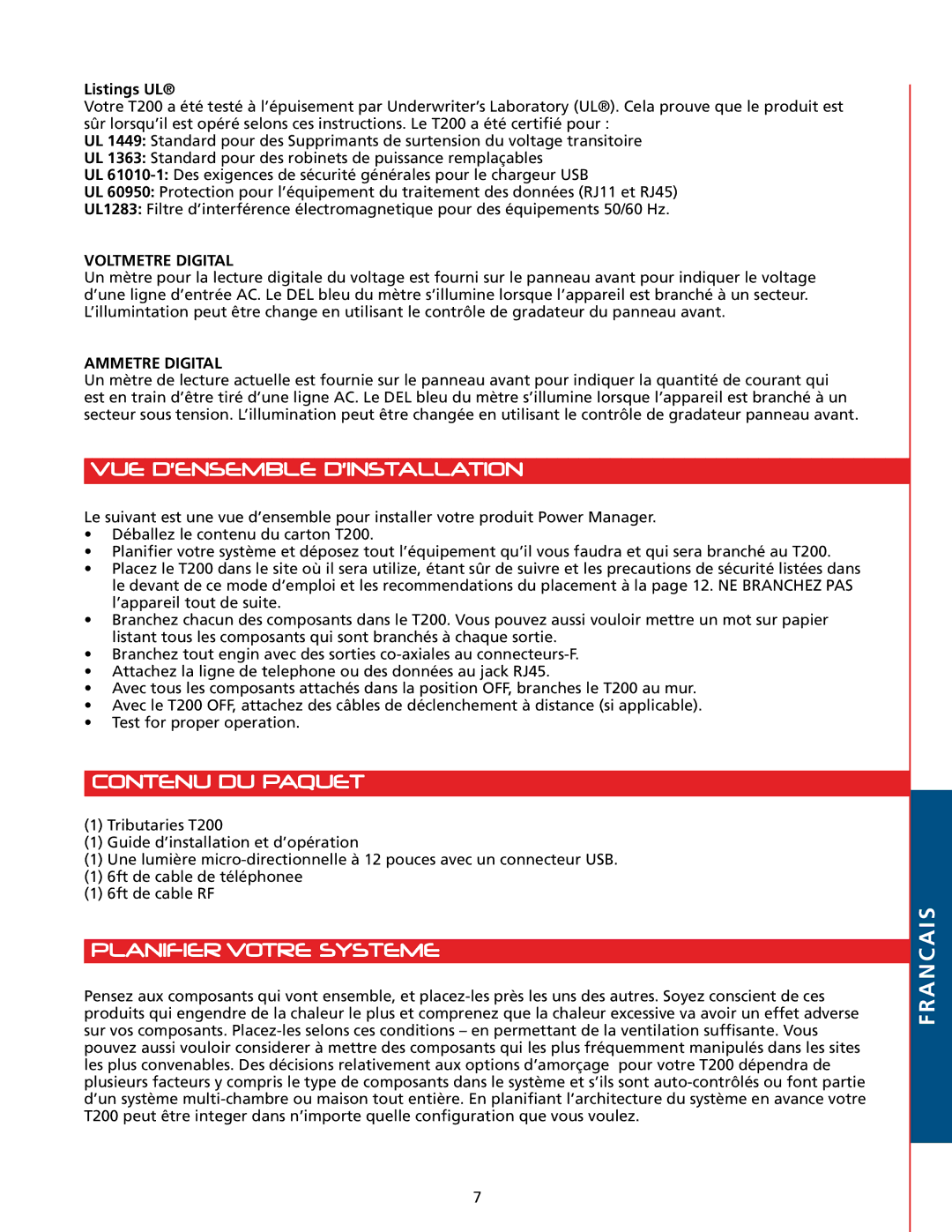 Tributaries T200 owner manual Vue D’Ensemble D’Installation, Contenu DU Paquet, Planifier Votre Systeme, Voltmetre Digital 