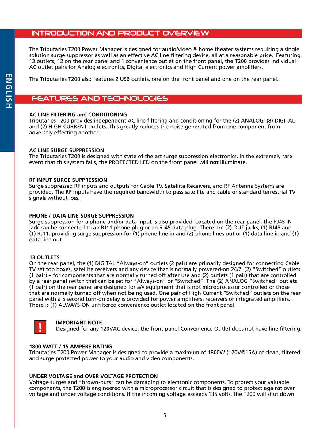 Tributaries T200 owner manual NEglish Introduction and product overview, Features and technologies 