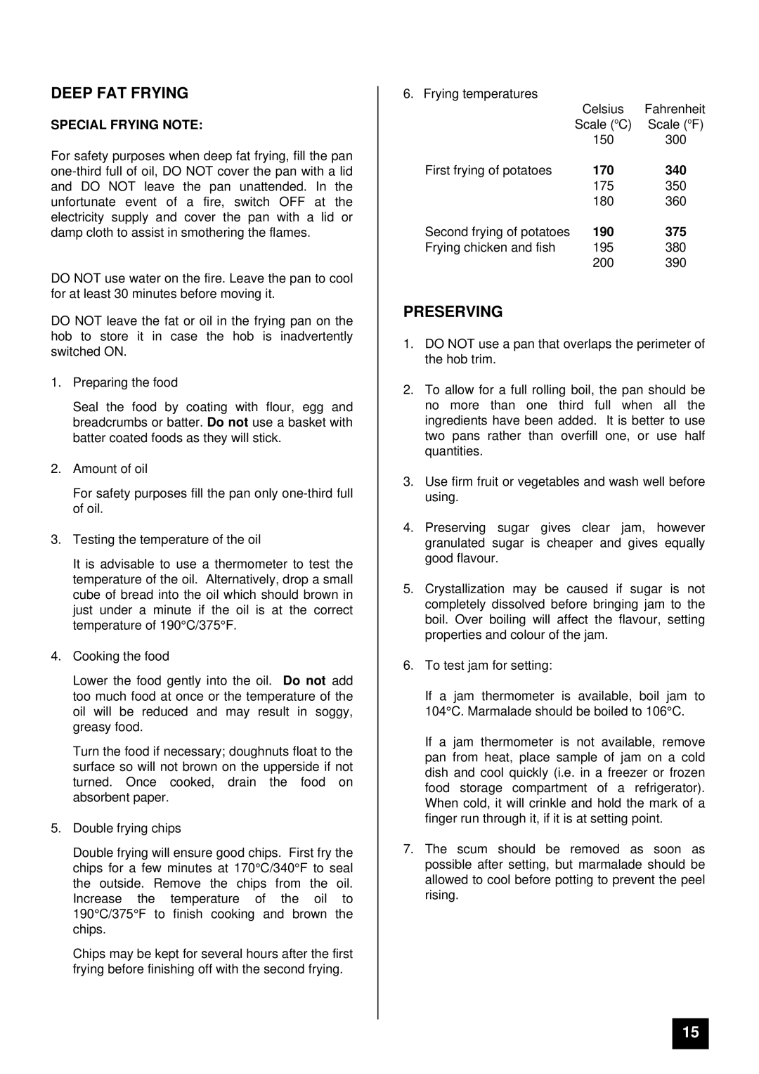 Tricity Bendix 2590S, 2560S installation instructions Deep FAT Frying, Preserving, Special Frying Note 