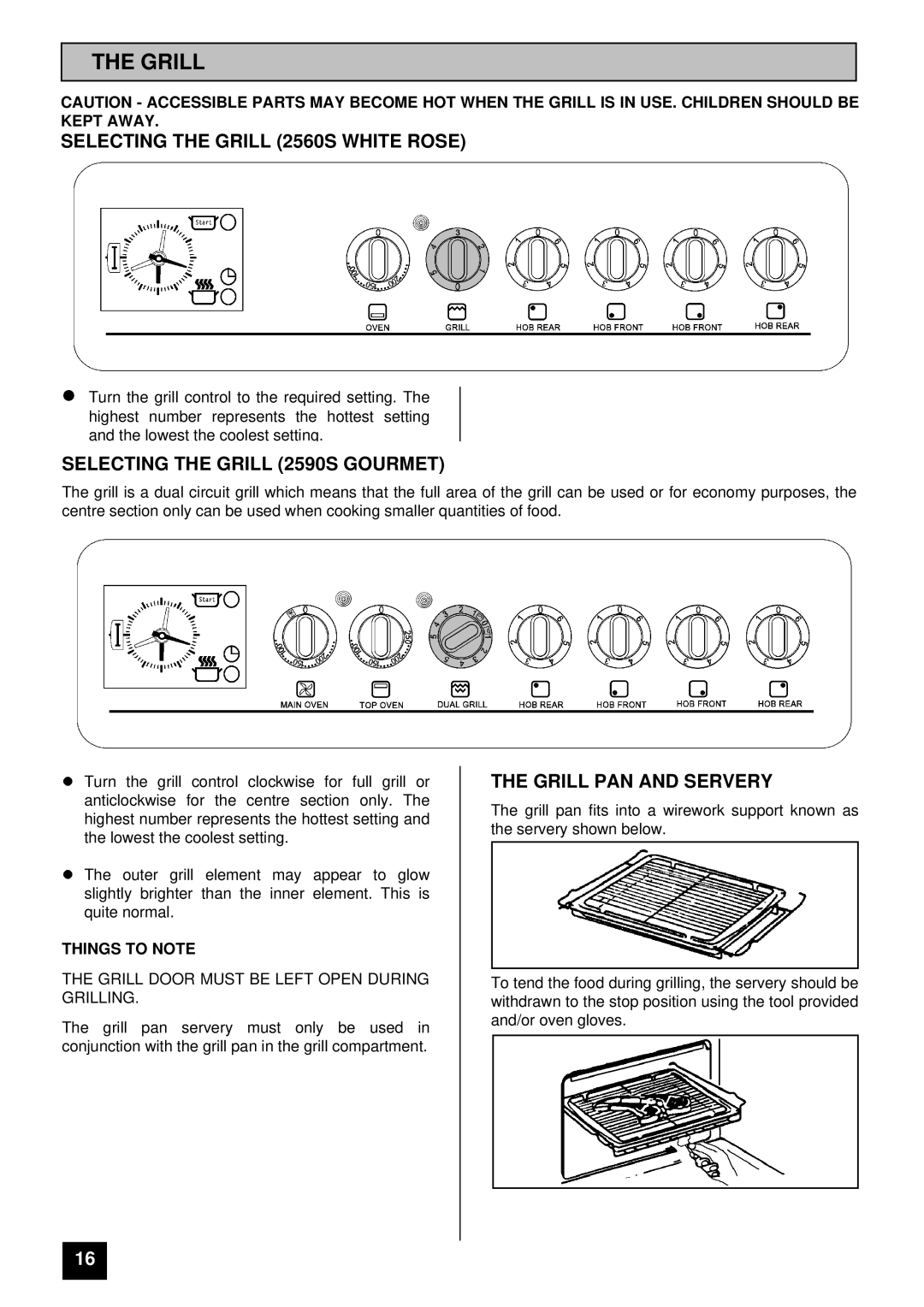 Tricity Bendix Selecting the Grill 2560S White Rose, Selecting the Grill 2590S Gourmet, Grill PAN and Servery 