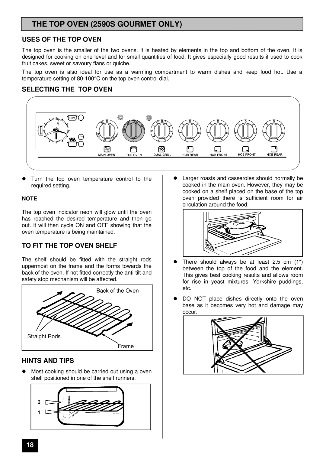 Tricity Bendix 2560S TOP Oven 2590S Gourmet only, Uses of the TOP Oven, Selecting the TOP Oven, To FIT the TOP Oven Shelf 