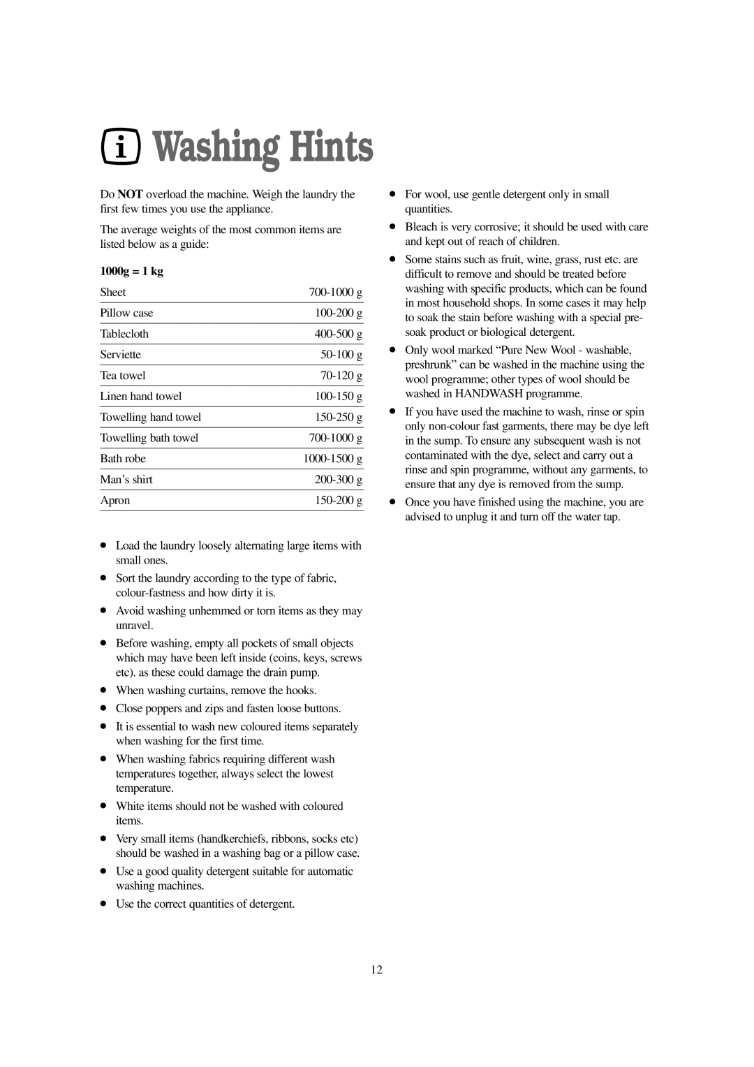 Tricity Bendix AW 1001 W installation instructions Washing Hints, 1000g = 1 kg 