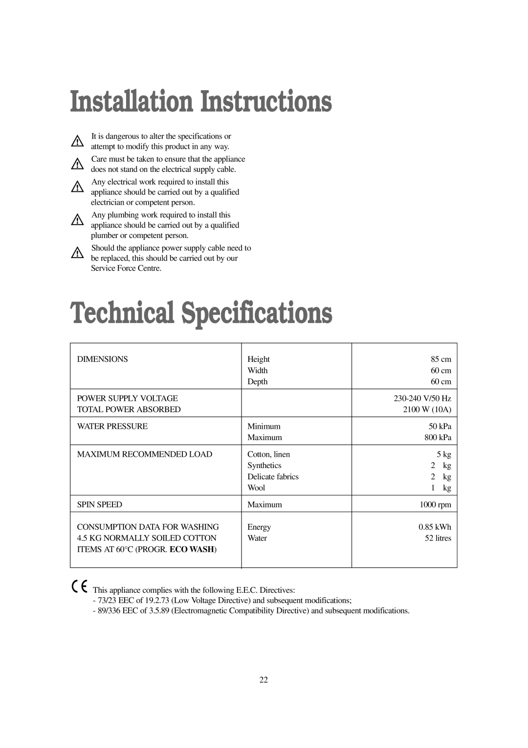 Tricity Bendix AW 1001 W installation instructions Installation Instructions, Technical Specifications 