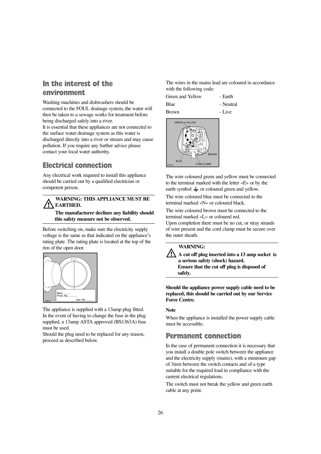 Tricity Bendix AW 1001 W installation instructions Interest of the environment, Electrical connection, Permanent connection 