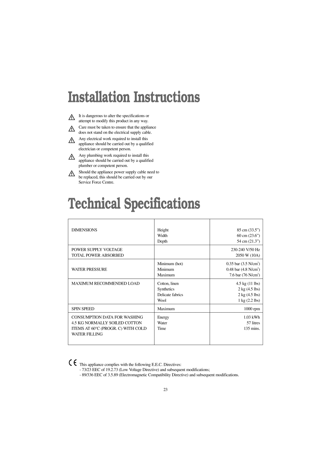 Tricity Bendix AW 1054 W installation instructions Installation Instructions, Technical Specifications 