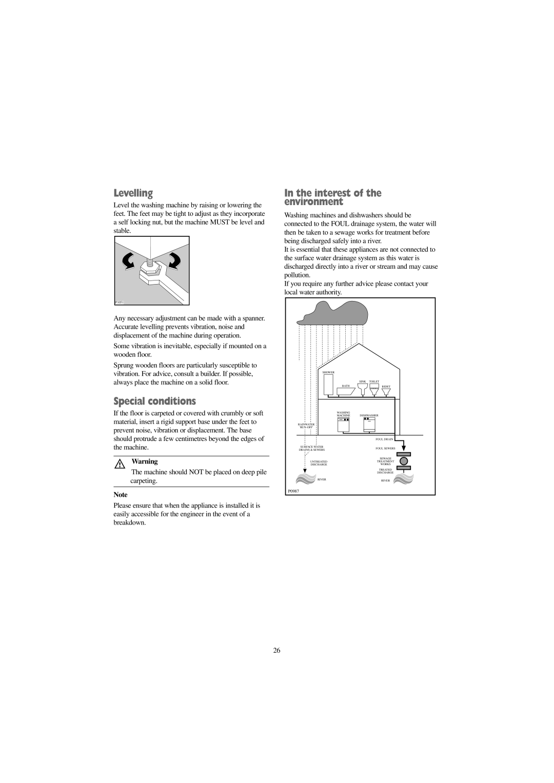 Tricity Bendix AW 1054 W installation instructions Levelling, Special conditions, Interest of the environment 