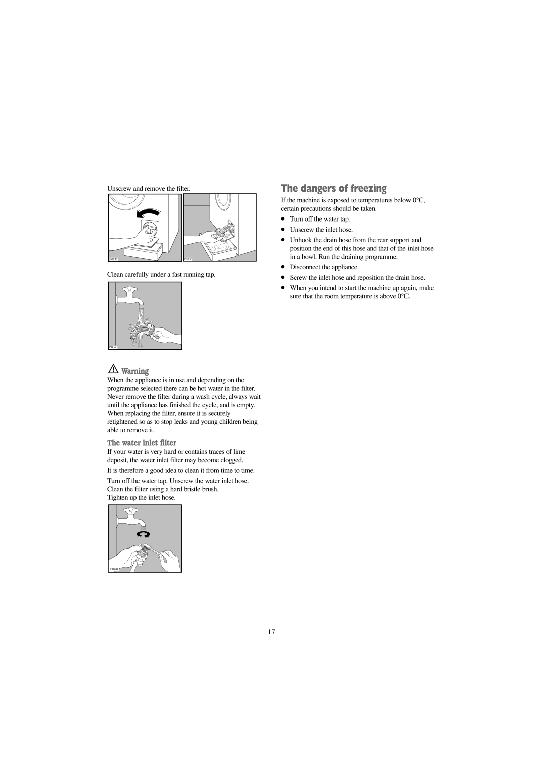 Tricity Bendix AW 1100 W, AW 1100 S, AW 900 W installation instructions Water inlet filter 