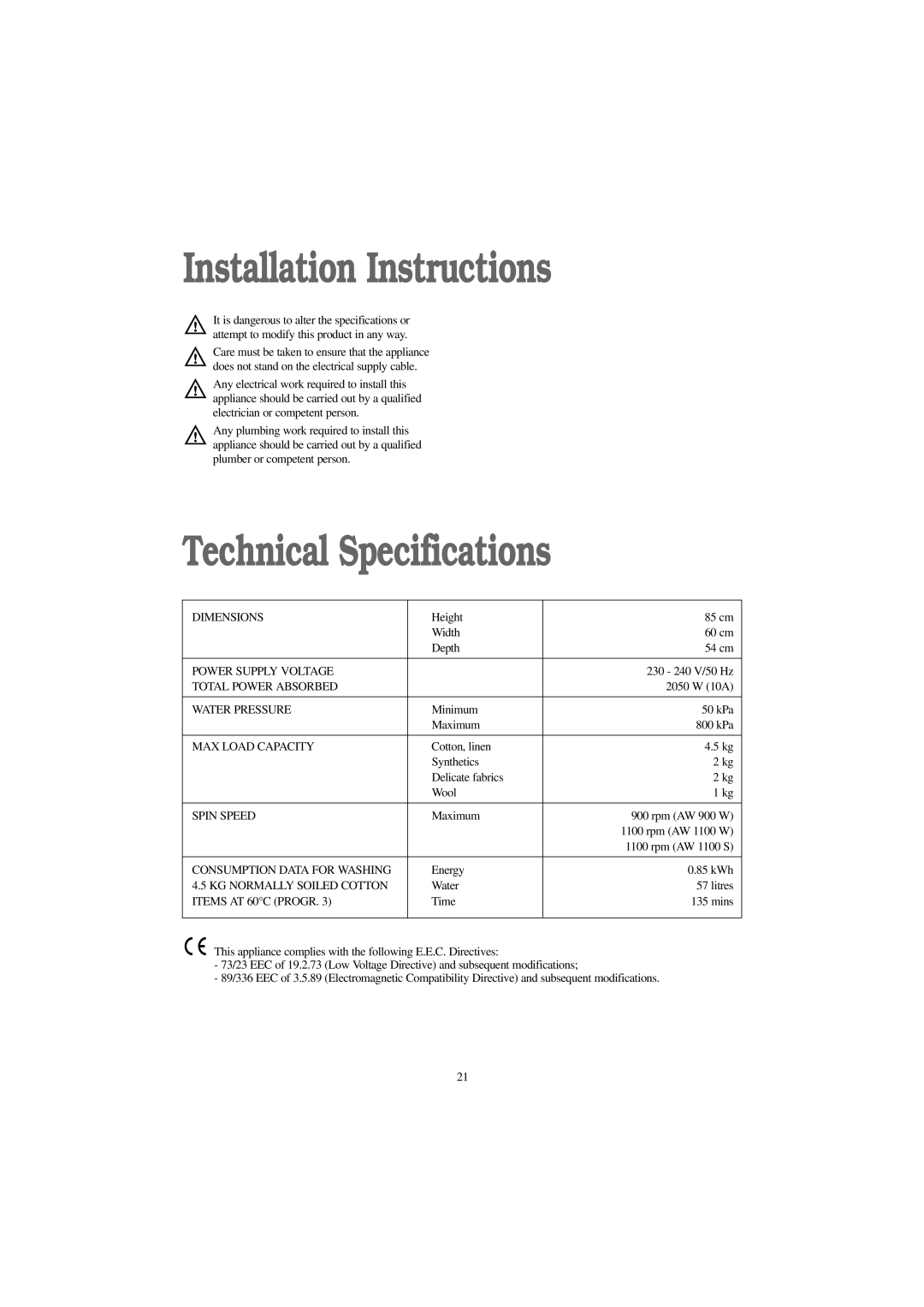 Tricity Bendix AW 1100 S, AW 900 W, AW 1100 W installation instructions Installation Instructions, Technical Specifications 