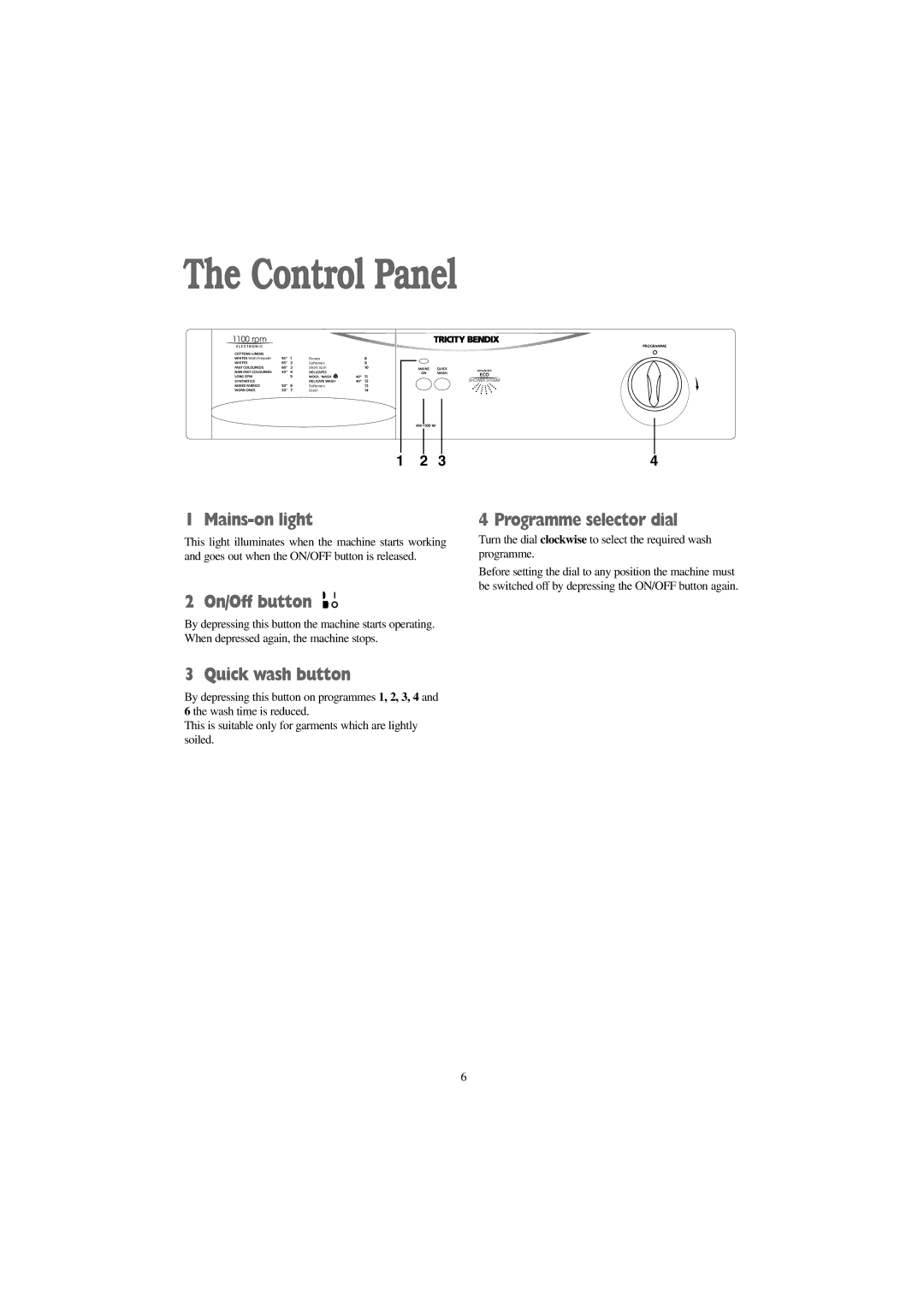 Tricity Bendix AW 1100 S Control Panel, Mains-on light, On/Off button, Quick wash button, Programme selector dial 