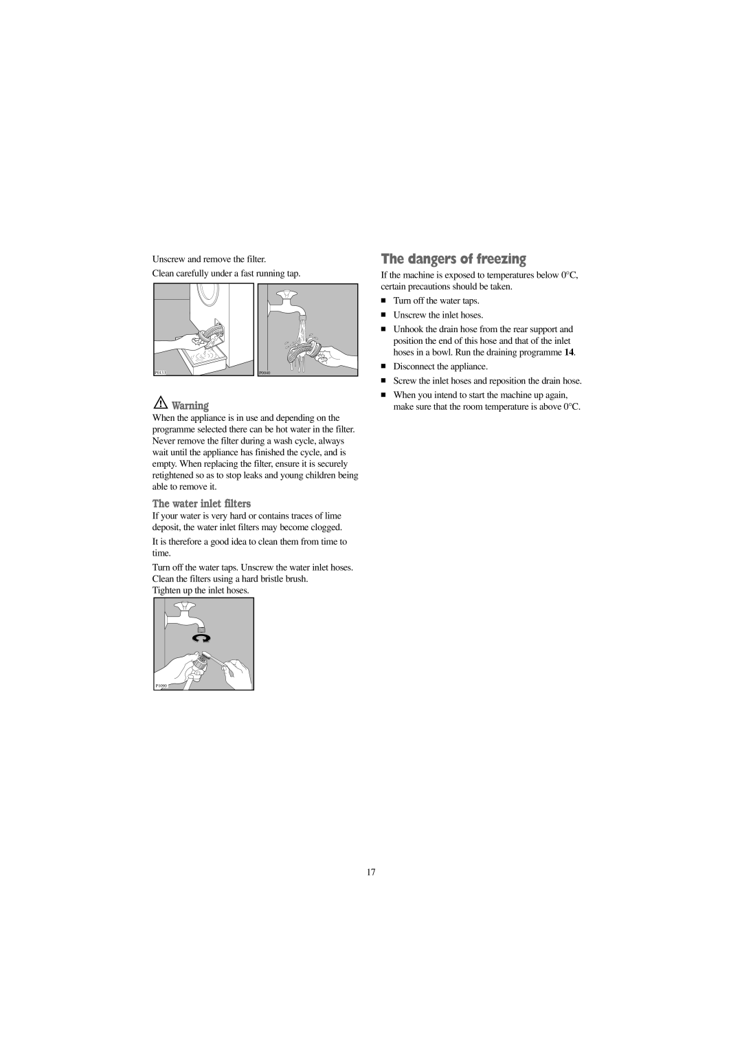 Tricity Bendix AW 1253 W installation instructions Water inlet filters 