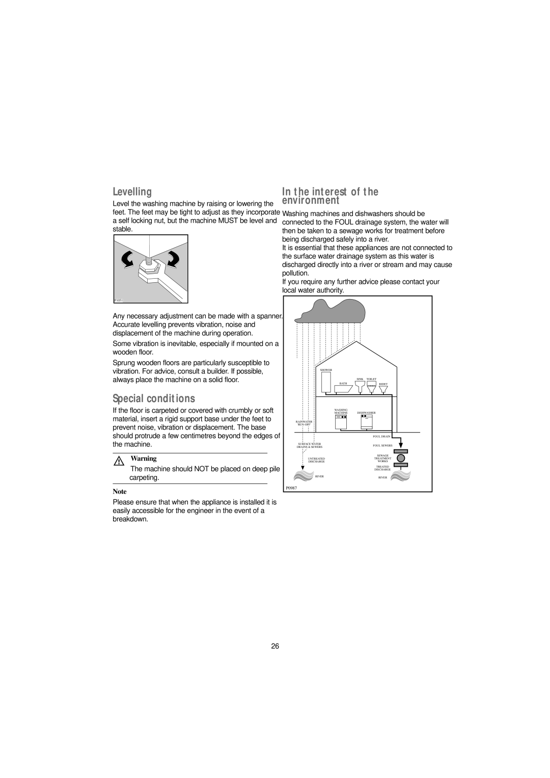 Tricity Bendix AW 1253 W installation instructions Levelling, Special conditions, Interest of the environment 