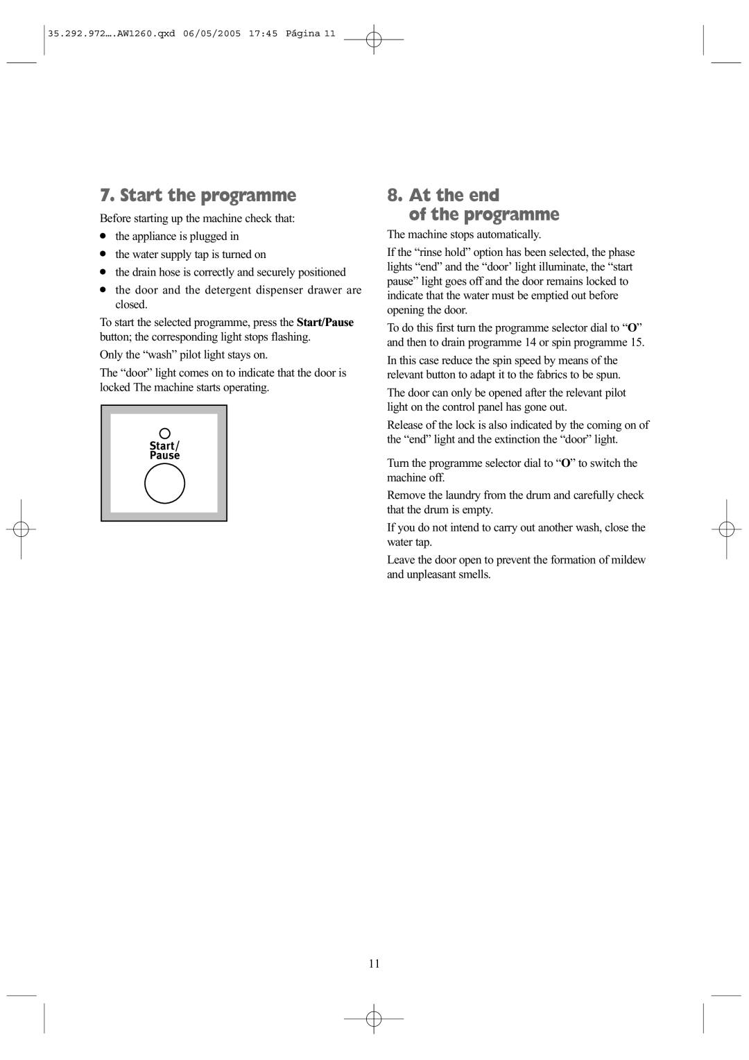 Tricity Bendix AW 1260 W installation instructions At the end Programme 