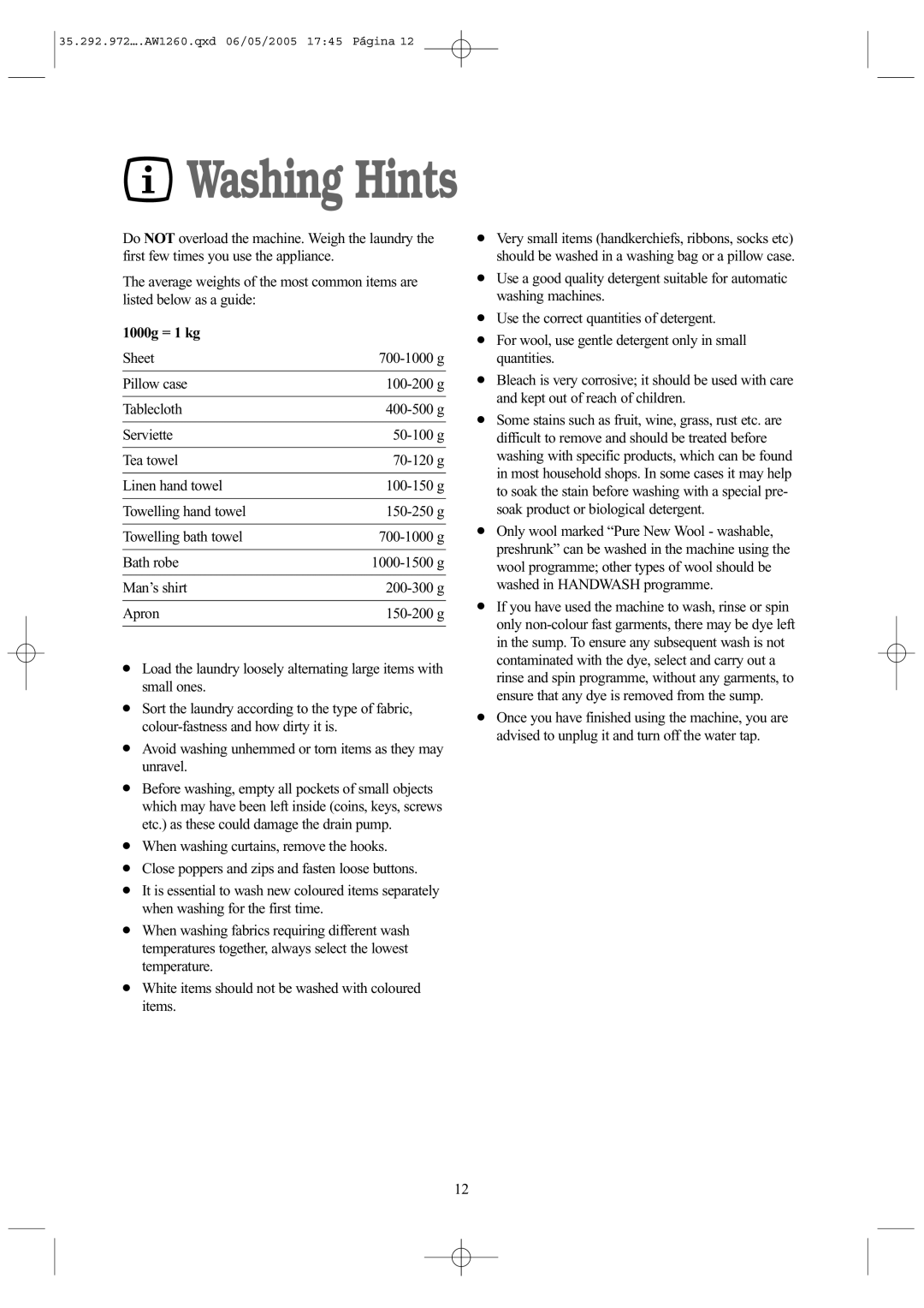 Tricity Bendix AW 1260 W installation instructions Washing Hints, 1000g = 1 kg 